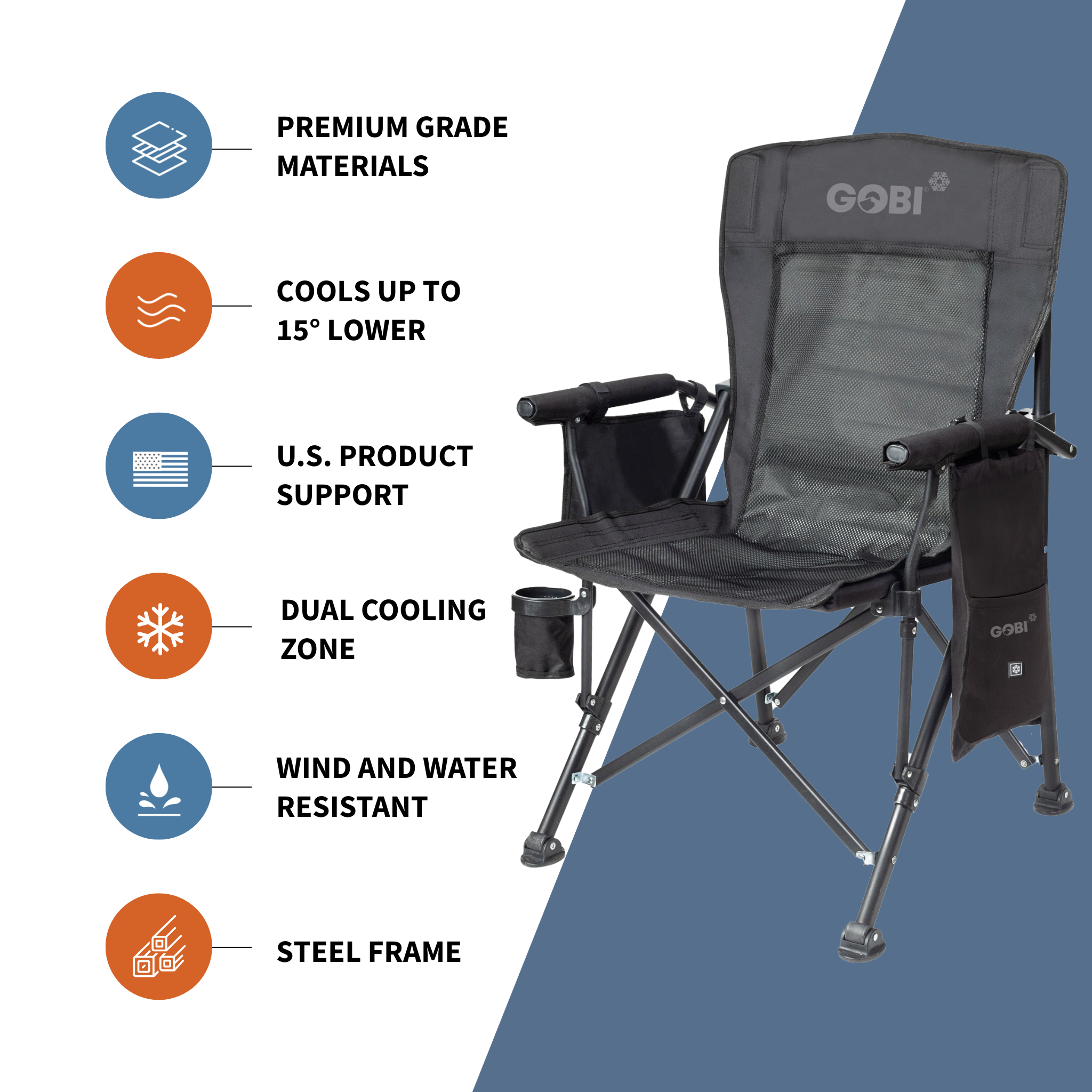 Camping chair with features listed on a blue and white background