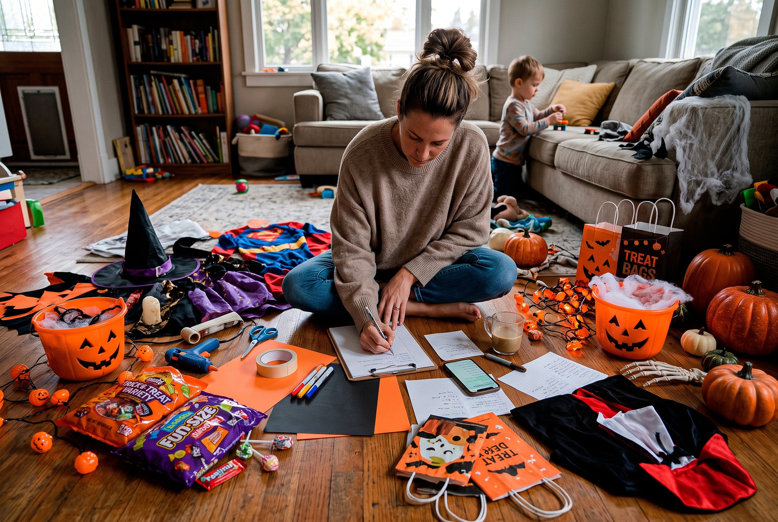 A parent preparing a Halloween checklist for the family.