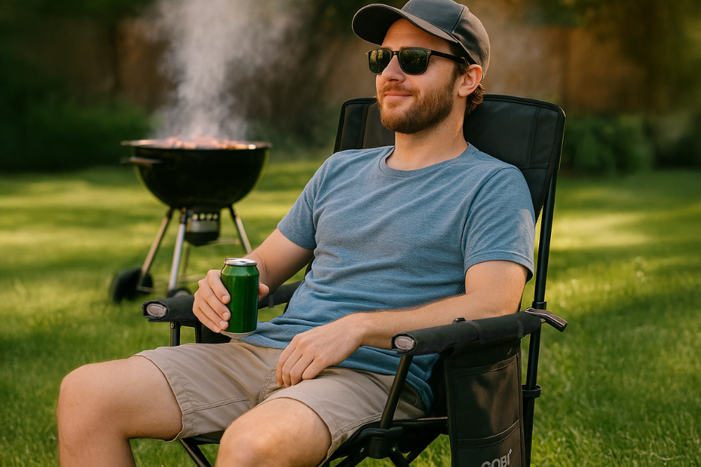 Dad relaxing by the BBQ grill while sitting on a Gobi Heat cooling camp chair, enjoying a sunny day. He looks comfortable, cool, and content—showcasing how Gobi Heat gear brings relief during hot outdoor moments.