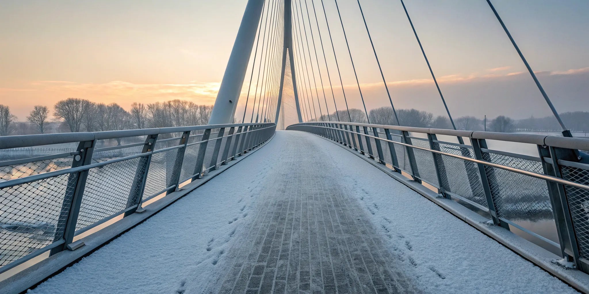 A snowy bridge at sunrise, a test for the best heated base layer against the cold.