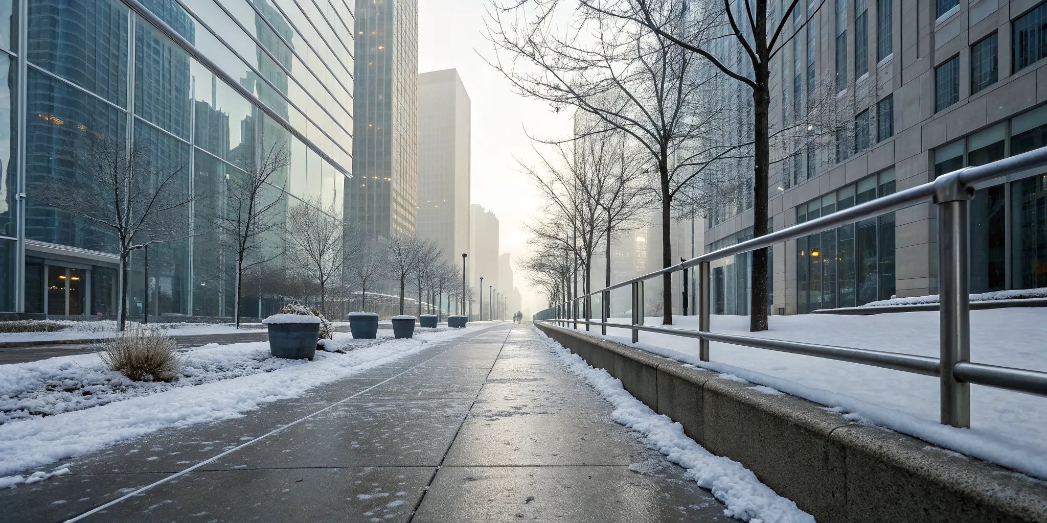 A weather resistant heated coat offers protection on a snowy city sidewalk.