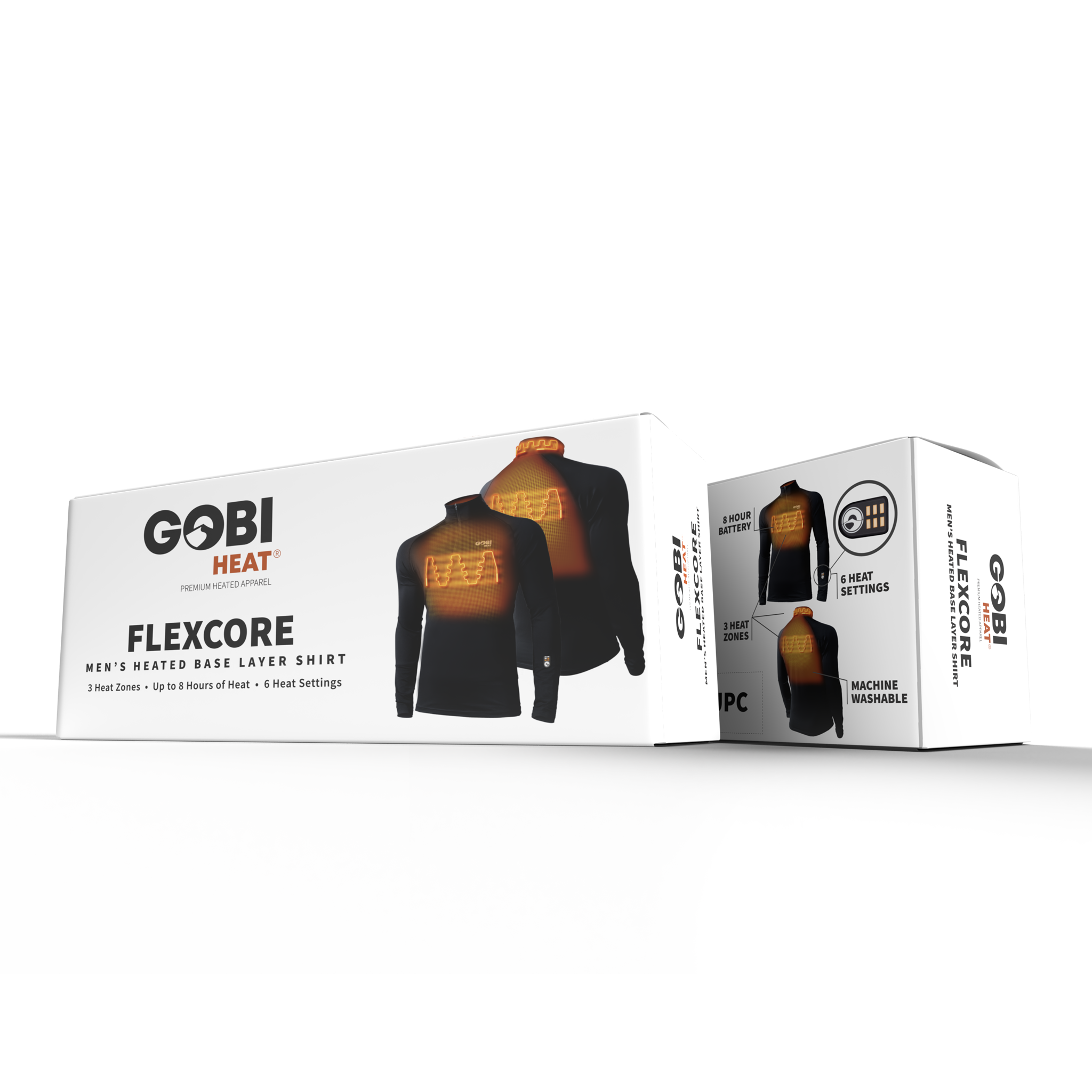 Product packaging for the flexcore men's heated base layer shirt.