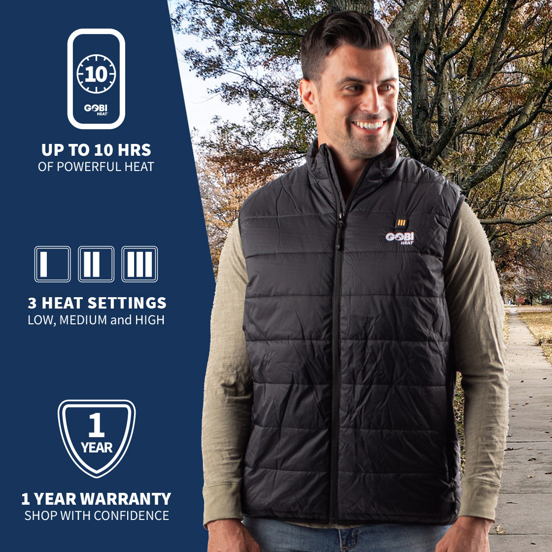Man wearing the element men's heated vest, placed in front of a landscape background, with the left hand side of the image giving information about the product.