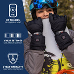 Woman wearing the Epic II Heated Ski Gloves, with the left side of the image providing information about the product.