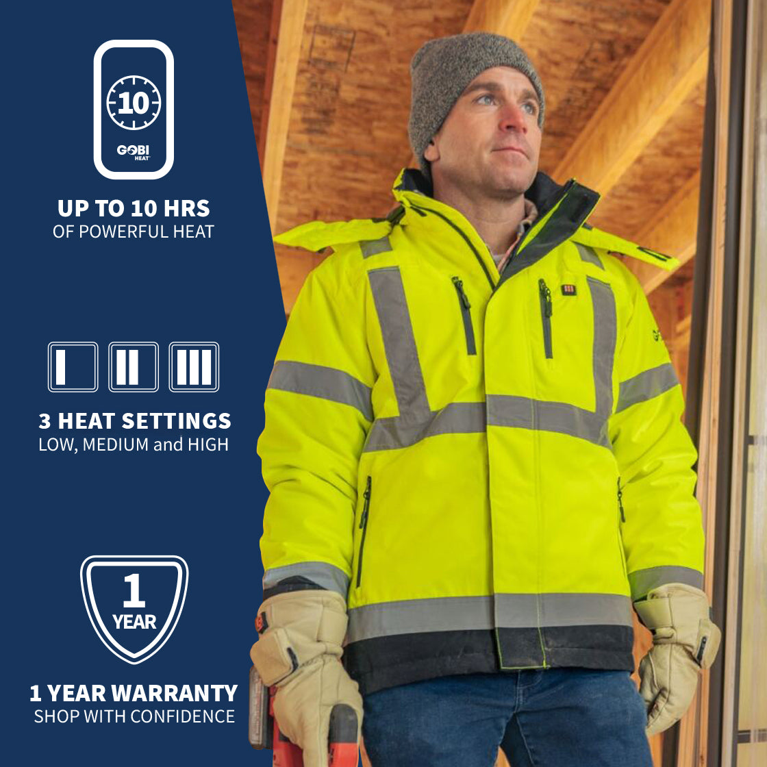 Man wearing the Flash Heated Hi Vis Jacket on a construction site, with information about the product on the left side of the image.
