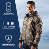 A man wearing GOBI's men's shadow heated hunting hoodie. He is standing in front of a landscape, with text about the product on the left side of the image.