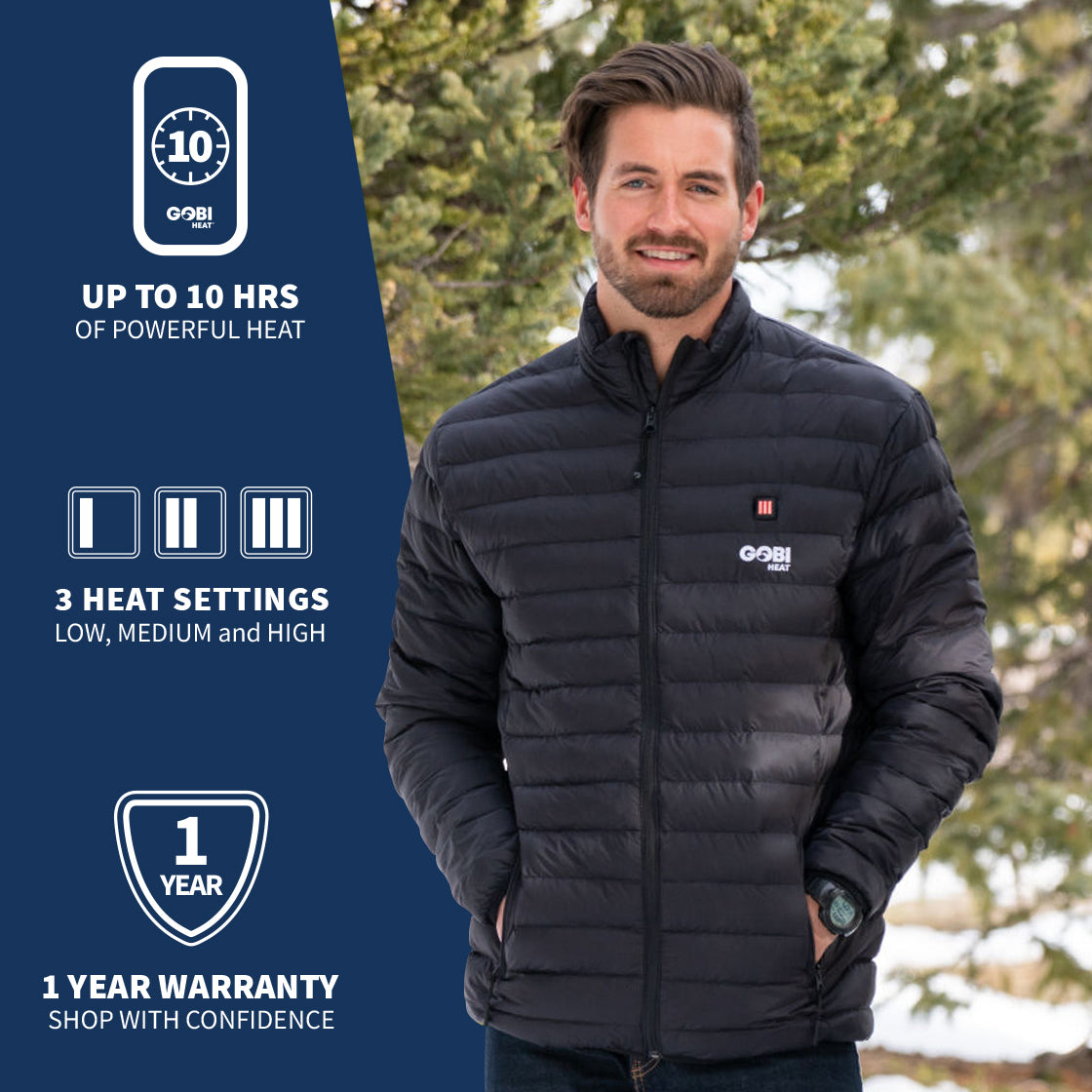 A man wearing GOBI's men's wolf heated jacket. He is standing in front of a landscape, with information about the product on the left side of the image.