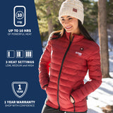 A woman wearing GOBI's women's wolf heated jacket. She is standing in front of a landscape, with information about the product on the left side of the image.