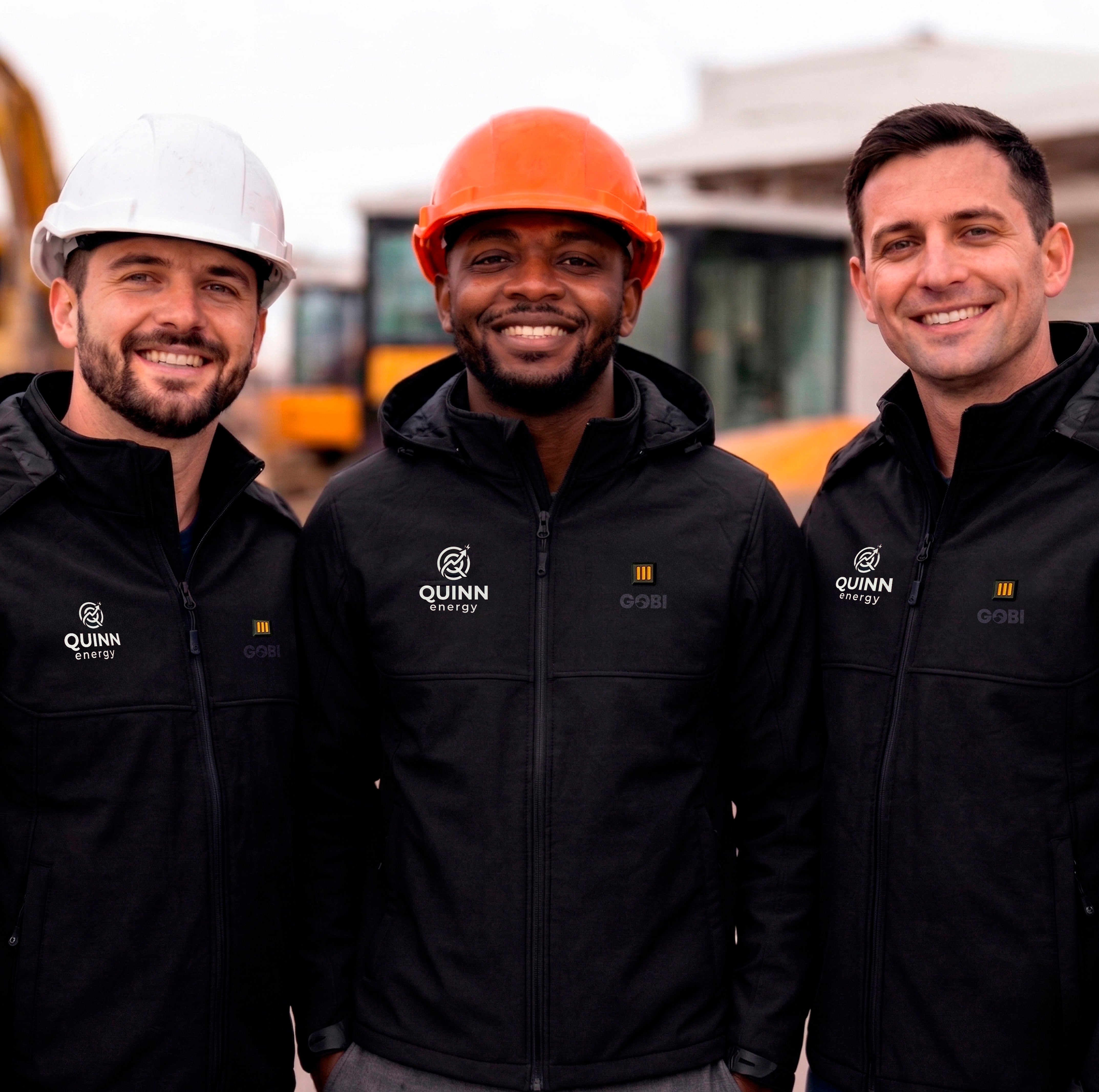 Three men wearing black jackets with Quinn Energy logo in front of a blurred background