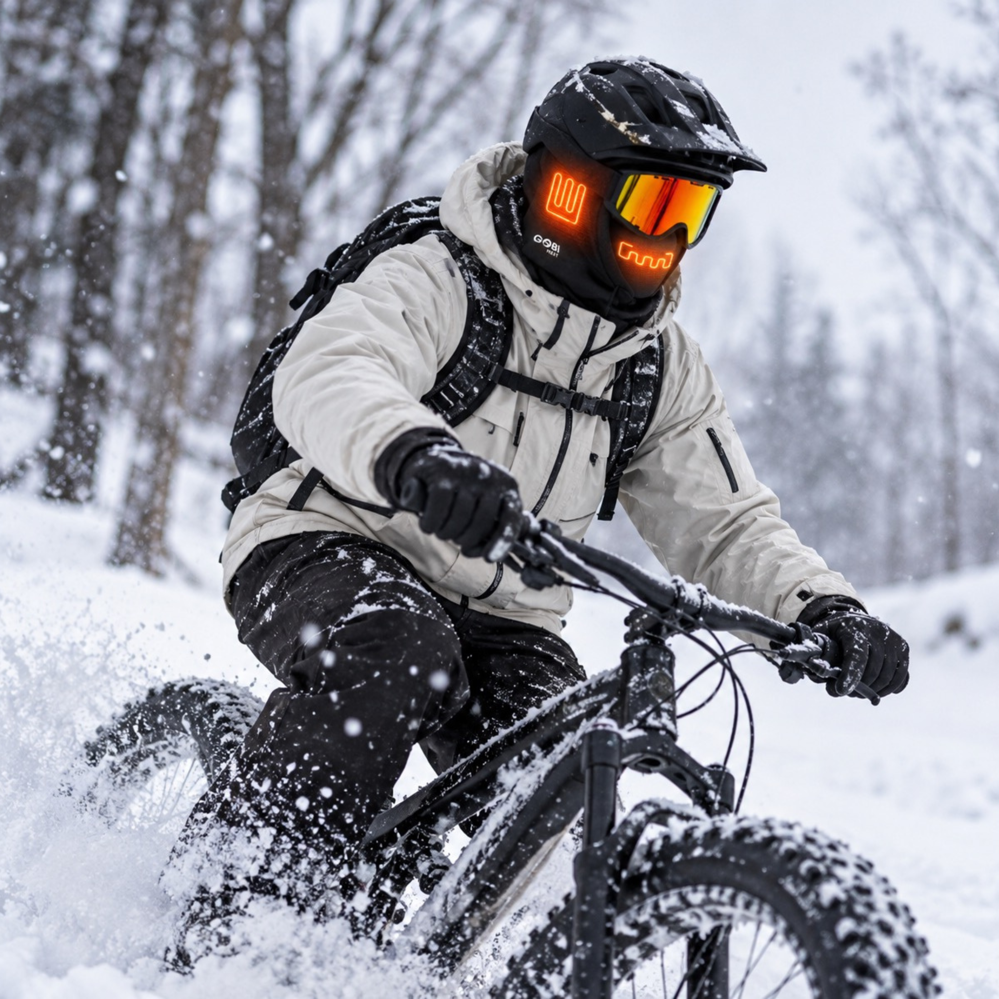 Cyclist wearing the black GOBI Squall heated balaclava while fat biking through snow.