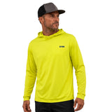 Man wearing the GOBI HELIO high-visibility yellow sun hoodie with the hood down.