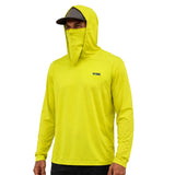 Man wearing the GOBI HELIO sun hoodie with the hood and built-in face shield raised.