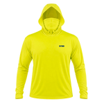 Front view of the GOBI HELIO men’s high-visibility yellow sun hoodie with built-in face shield.