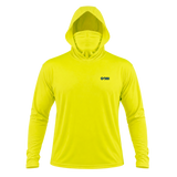 Front view of the GOBI HELIO men’s high-visibility yellow sun hoodie with built-in face shield.