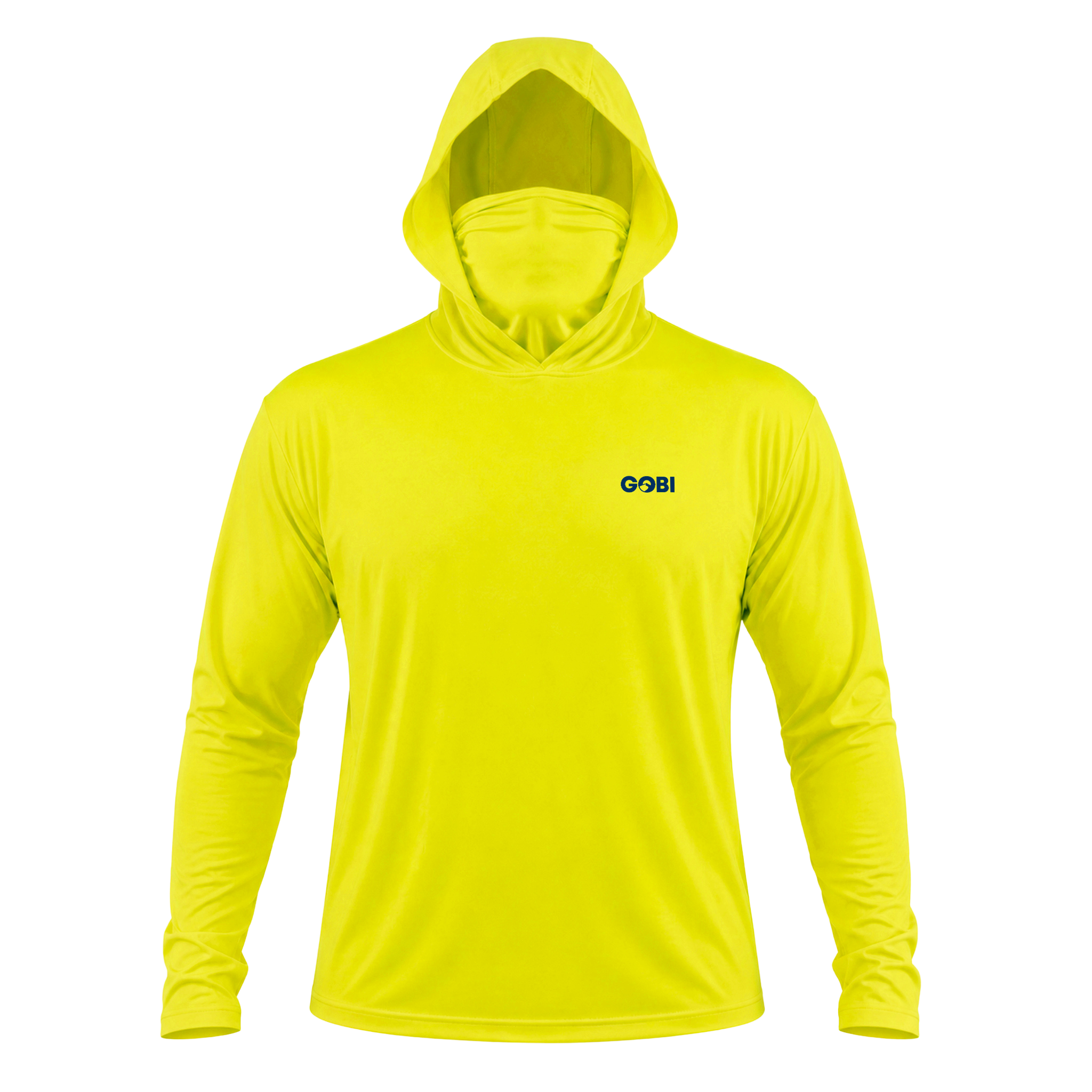 Front view of the GOBI HELIO men’s high-visibility yellow sun hoodie with built-in face shield.